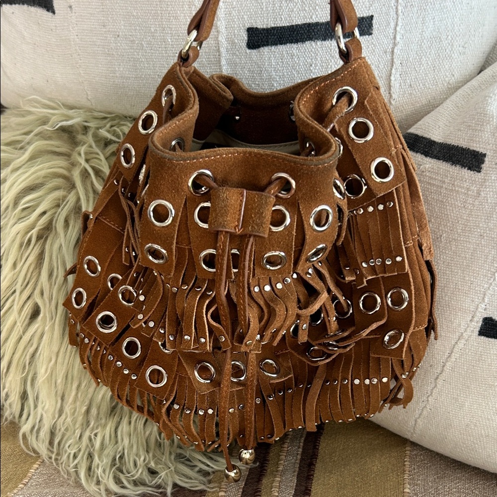 Ollie & b Brown Fringe leather Suede bucket Bag
